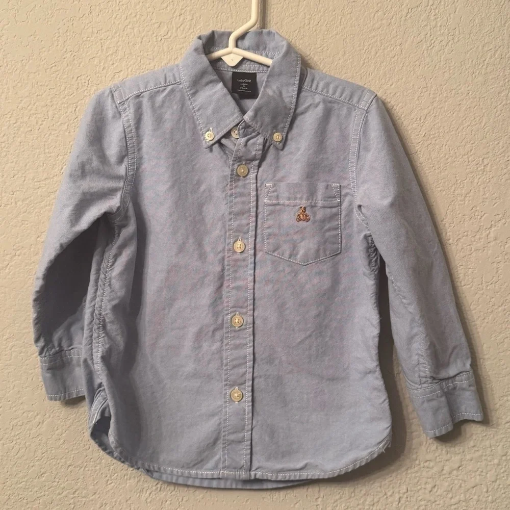 Baby Gap Light Blue Button Down Collared Shirt with Teddy Bear Logo